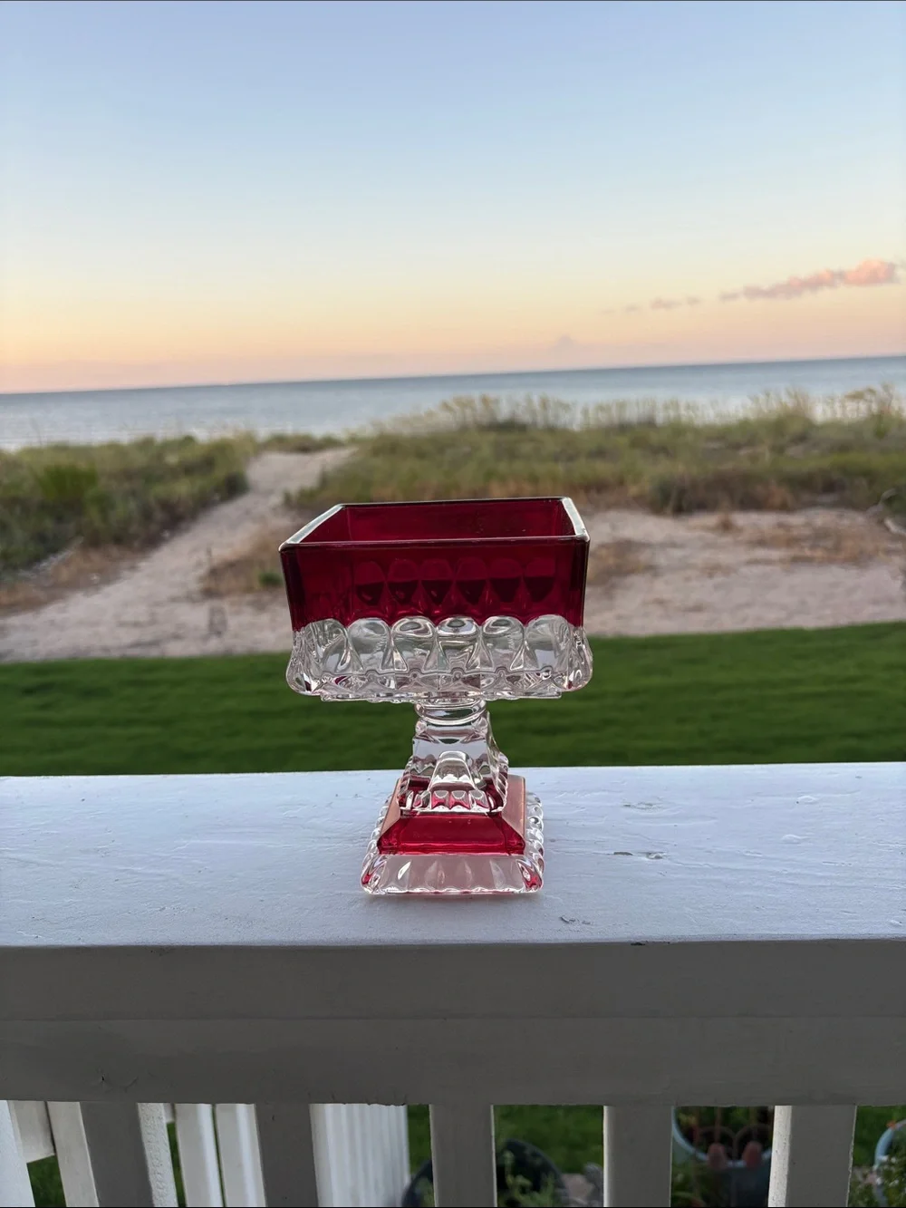 Ruby Red and Clear Glass Pedestal Bowl